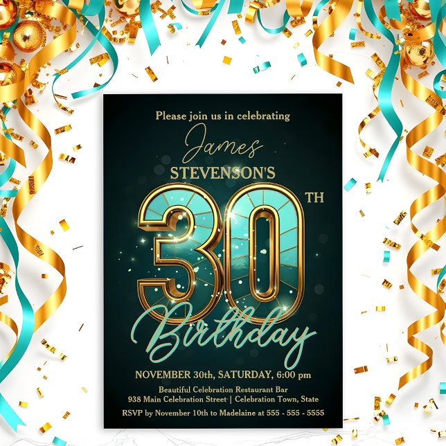 Invitation Elégante fête du 30e anniversaire Turquoise et Gol (Créateur téléchargé)