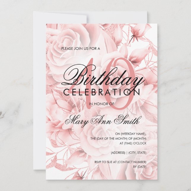 Invitation Elégante fête du 40e anniversaire Floral Rose Gold (Devant)