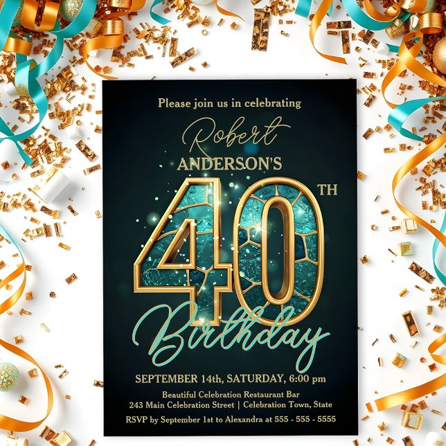 Invitation Elégante fête du 40e anniversaire Turquoise et or (Créateur téléchargé)
