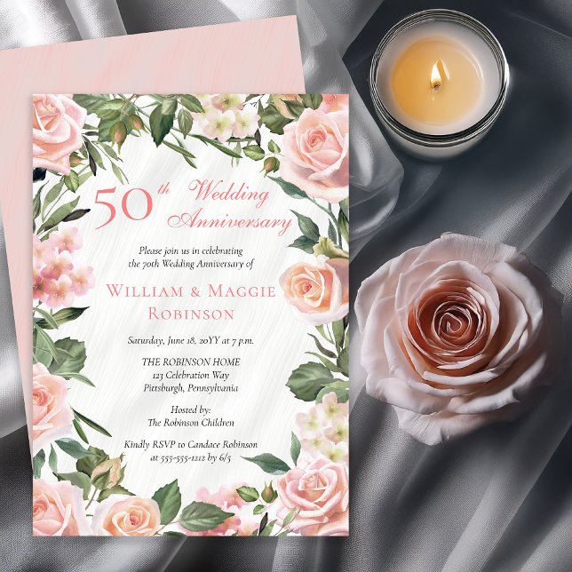 Invitation Élégante fête du 50e anniversaire du Mariage rose (Elegant Pink Roses Floral Frame 50th Wedding Anniversary Party Invitation - Print | Digital Download)