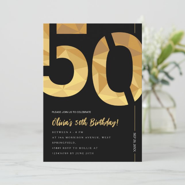 Invitation Élégante fête du 50e anniversaire noir et or (Debout devant)