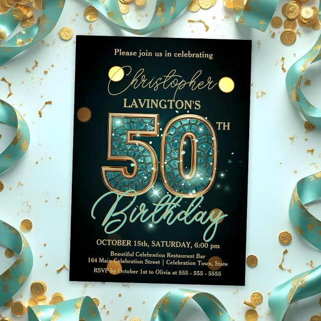 Invitation Élégante fête du 50e anniversaire Turquoise et Gol (Créateur téléchargé)