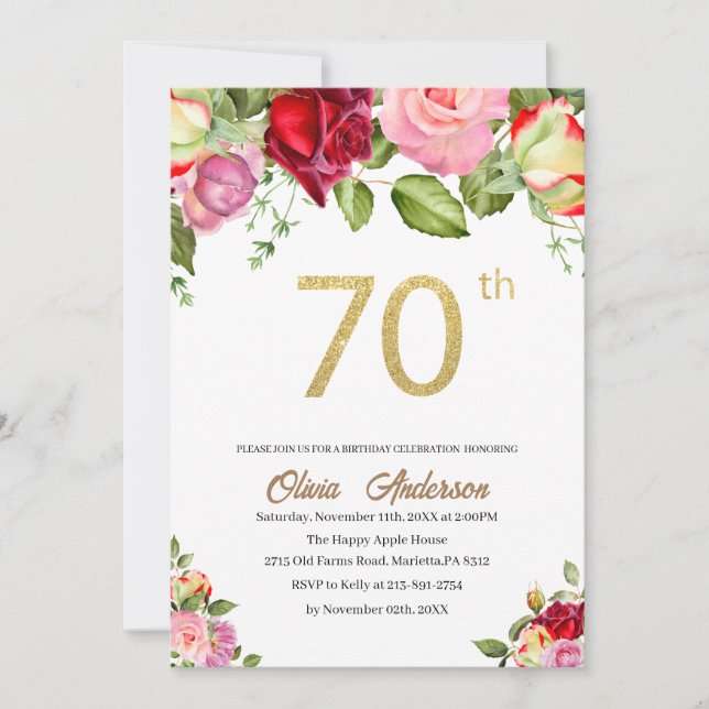 Invitation Elégante fête du 70e anniversaire Aquarelle Glit (Devant)