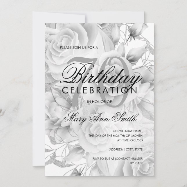 Invitation Élégante fête du 70e anniversaire Floral Argent bl (Devant)