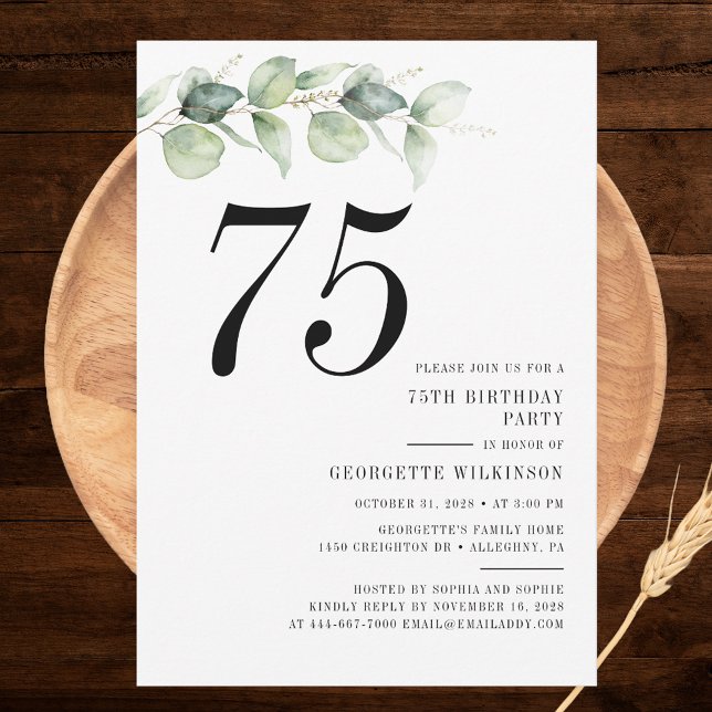 Invitation Élégante fête du 75e anniversaire (Elegant Eucalyptus Minimalist 75th Birthday Party Invitation)