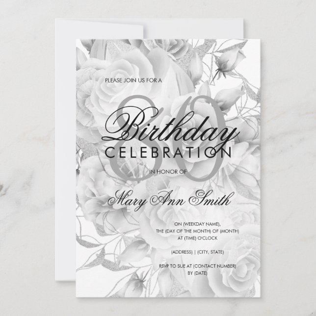 Invitation Elégante fête du 80e anniversaire Floral Argent bl (Devant)