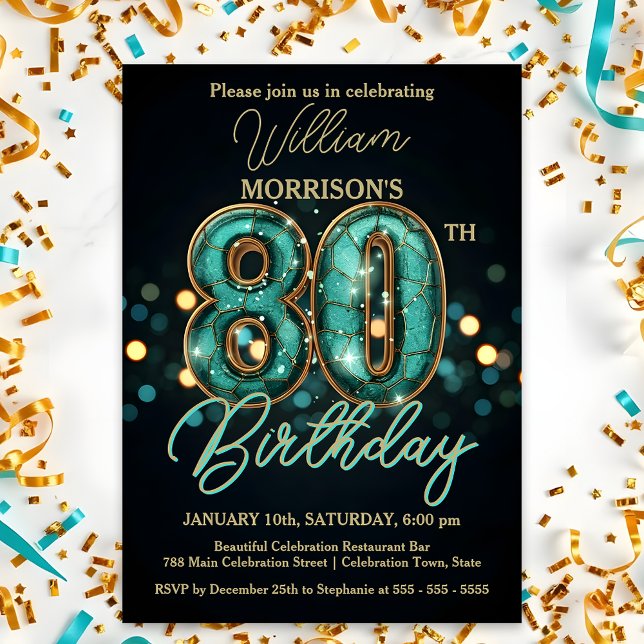 Invitation Elégante fête du 80e anniversaire Turquoise et or (Créateur téléchargé)