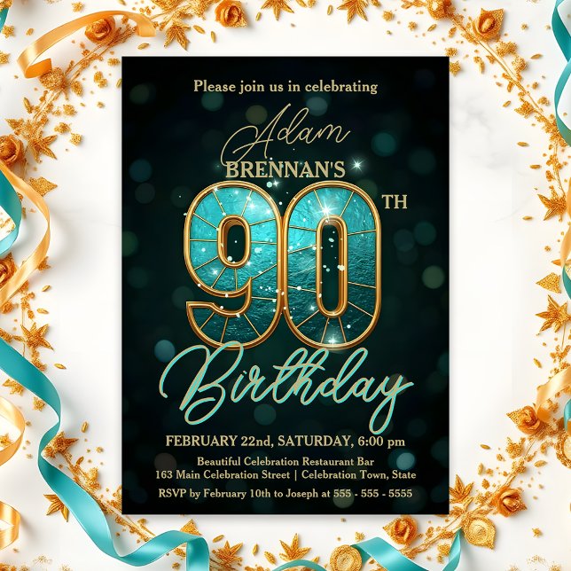 Invitation Elégante fête du 90e anniversaire Turquoise et Gol (Créateur téléchargé)
