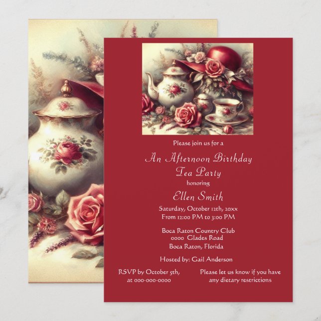 Invitation Elégante fête du thé d'anniversaire Rose rouge (Devant / Derrière)