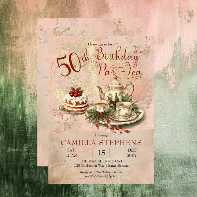 Invitation Élégante fête du Thé d'hiver 50e anniversaire (Elegant Winter Floral Tea Set Holly and Berries 50th Birthday Par-Tea Party Invitation)