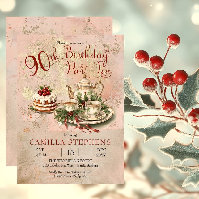 Invitation Élégante fête du Thé d'hiver 90e anniversaire (Elegant Winter Floral Tea Set Holly and Berries 90th Birthday Par-Tea Party Invitation)