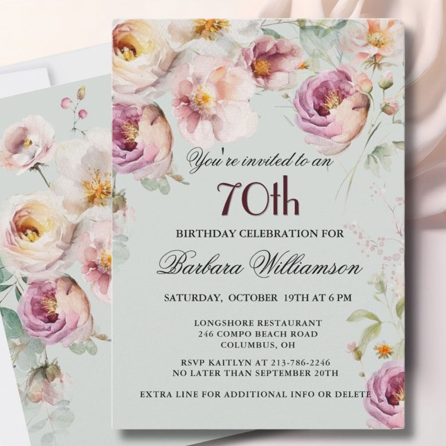 Invitation Elégante fête florale peinte 70e anniversaire (Créateur téléchargé)