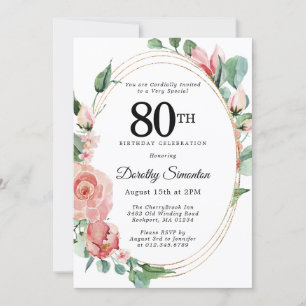 Invitation Elégante fête florale rose 80e anniversaire