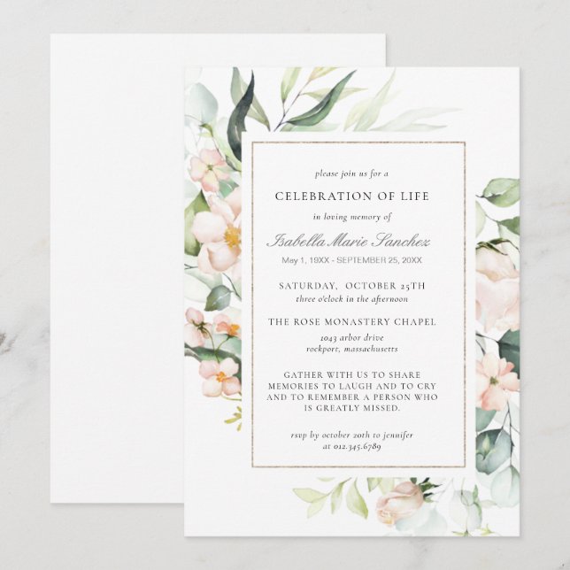 Invitation Élégante fête florale rose de la vie funéraire (Devant / Derrière)