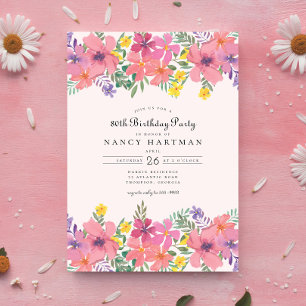 Invitation Élégante fête florale rose pourpre 80e anniversair