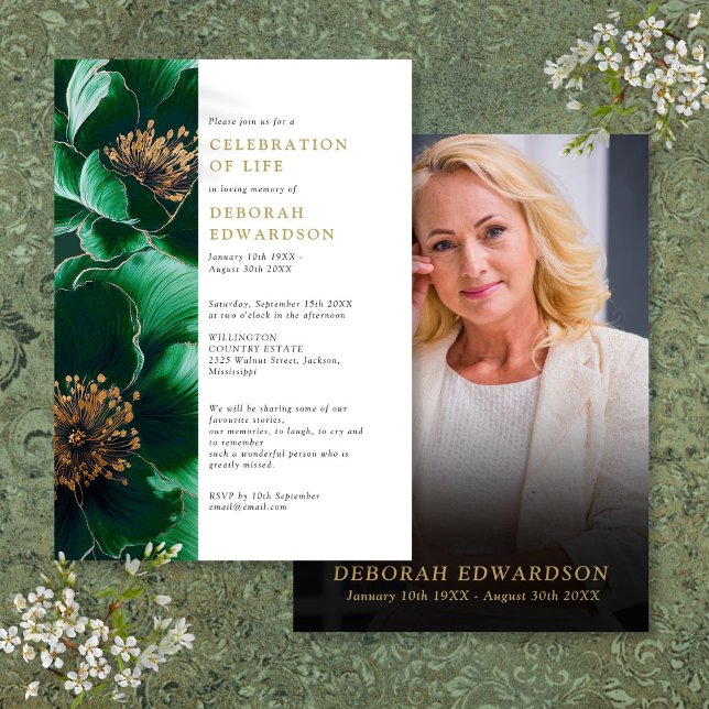 Invitation Élégante Fête Florale Verte De La Vie Photo (Elegant Green Floral Celebration Of Life Photo Invitation)