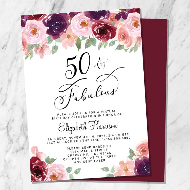 Invitation Élégante fête florale virtuelle 50e anniversaire (Créateur téléchargé)