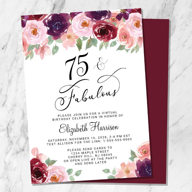 Invitation Élégante fête florale virtuelle 75e anniversaire (Créateur téléchargé)