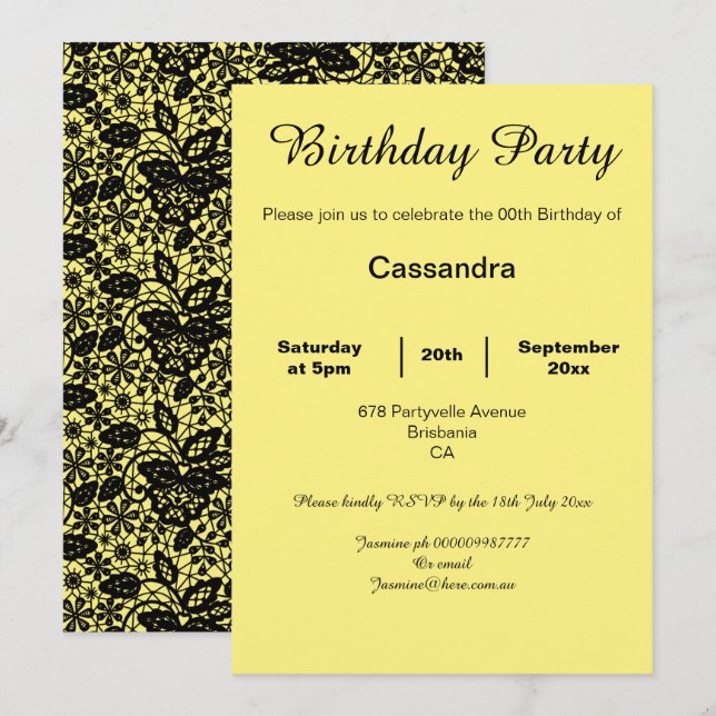 INVITATION ÉLÉGANTE FÊTE JAUNE ET LACE NOIRE ANNIVERSAIRE NOI (Devant / Derrière)