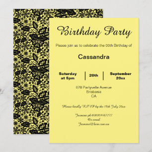 INVITATION ÉLÉGANTE FÊTE JAUNE ET LACE NOIRE ANNIVERSAIRE NOI