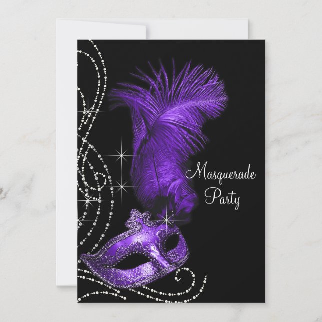 Invitation Élégante fête mascarade noire et violette (Devant)