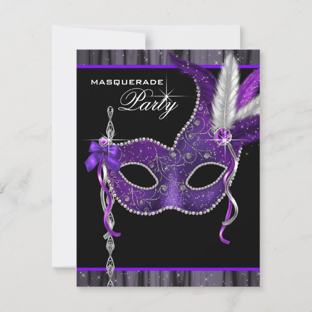 Invitation Élégante fête mascarade noire et violette (Devant)