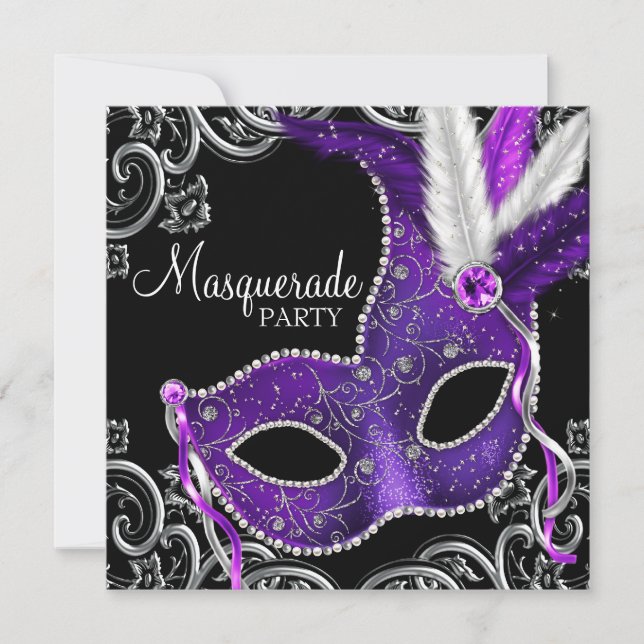 Invitation Élégante fête mascarade violette et noire (Devant)