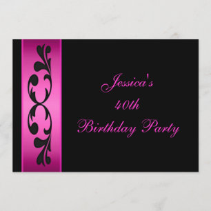 Invitation Élégante fête noire florale rose chaud