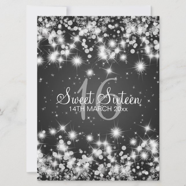 Invitation Élégante fête Sweet sixteen Hiver Étincelle Noire (Devant)