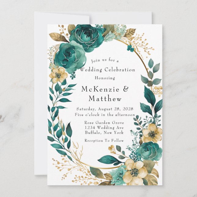 Invitation Élégante fête Turquoise et or Mariage Floral I (Devant)