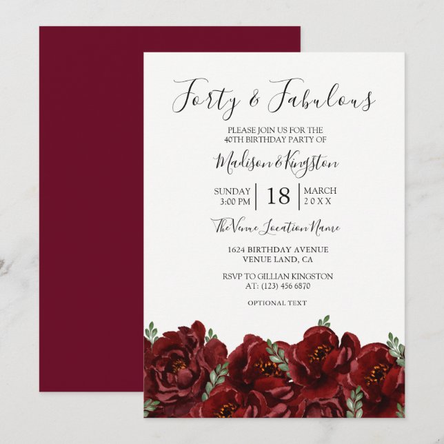 Invitation Elégante feuille de rose rouge moderne 50e anniver (Devant / Derrière)