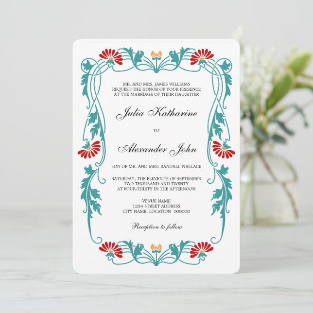 Invitation Élégante feuille florale et tourbillons (Debout devant)