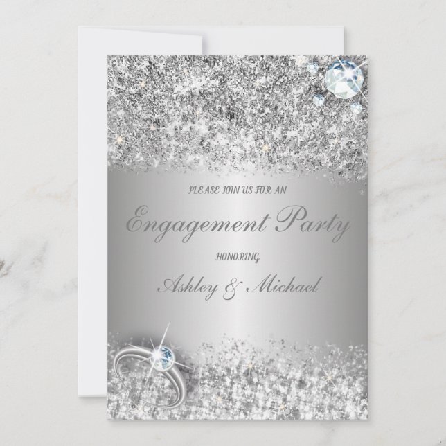 Invitation élégante fiançoire chic parties scintillant argent (Devant)