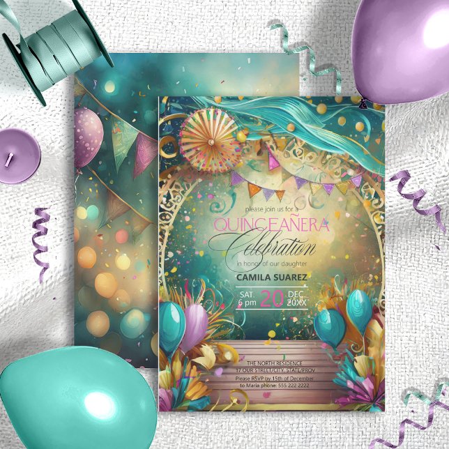 Invitation Élégante Fiesta Quinceanera Lavande/ID Turquoise10 (Créateur téléchargé)