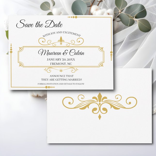 Invitation Élégante Filigree or sur blanc, Enregistrer la dat (Créateur téléchargé)