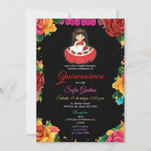 Invitation Elégante fille mignonne Fleurs colorées Quinceañer