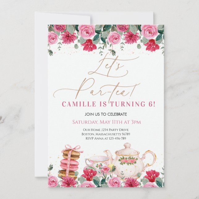Invitation Elégante Fille Rose Floral Tea Party Anniversaire (Devant)
