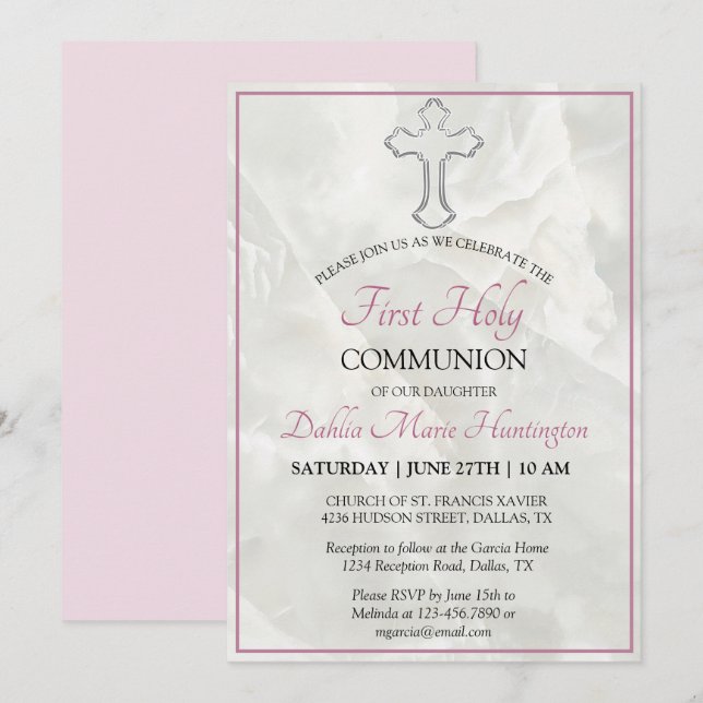 Invitation Élégante Filles rose Marbre Première Sainte Commun (Devant / Derrière)