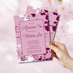 Invitation Elégante Fleur de Cerise Rose Thé d'après-midi