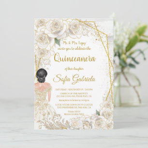 Invitation Élégante Fleur de Champagne Vintage Or Quinceañera
