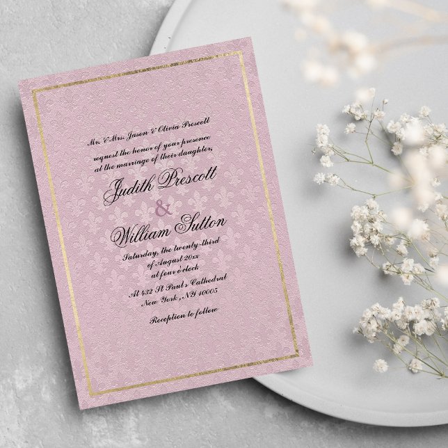 Invitation Élégante fleur de lis rose mauve mariage (Elegant mauve pink fleur de lis floral wedding)