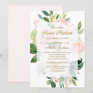 Invitation Elégante Fleur de Pêcher Rose Sweet Sixteen