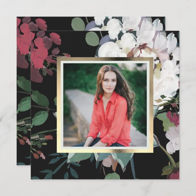 Invitation Élégante Fleur foncée fête de graduation Photo (Devant / Derrière)