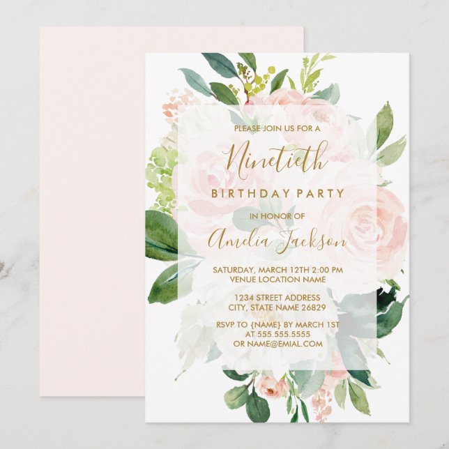 Invitation Élégante Fleur rose Peach 90th Birthday Party (Devant / Derrière)