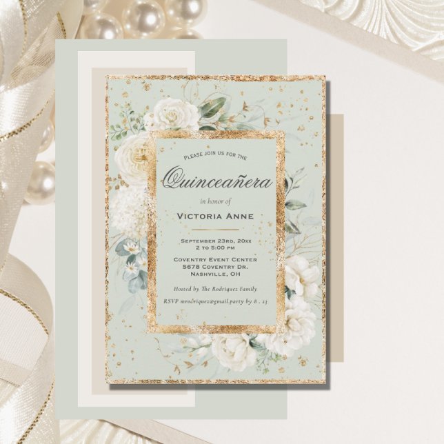 Invitation Élégante Fleurie Or Sauge Moderne Quinceañera (Créateur téléchargé)