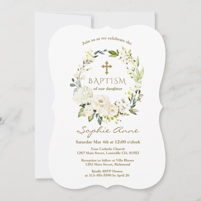 Invitation Elégante Fleurs blanches Croix d'or Baptême (Devant)