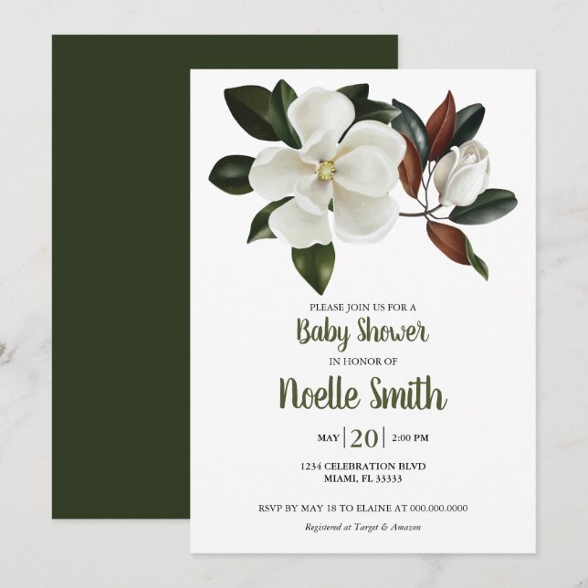 Invitation Elégante Fleurs de Magnolia Blanche, Baby shower (Devant / Derrière)