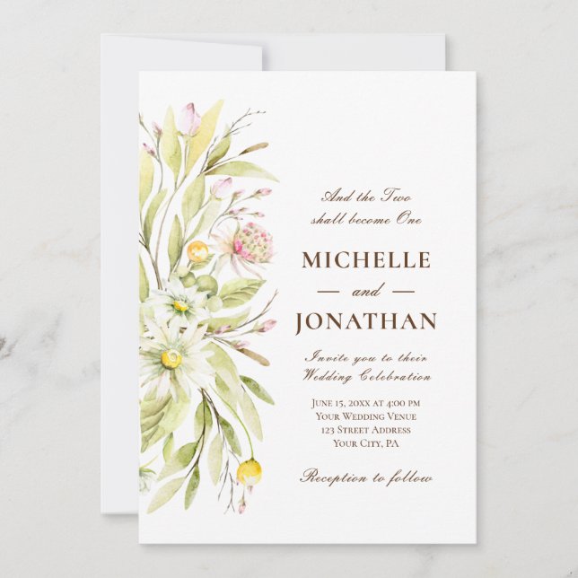 Invitation Elégante Fleurs d'été Verdure Mariage chrétien (Devant)