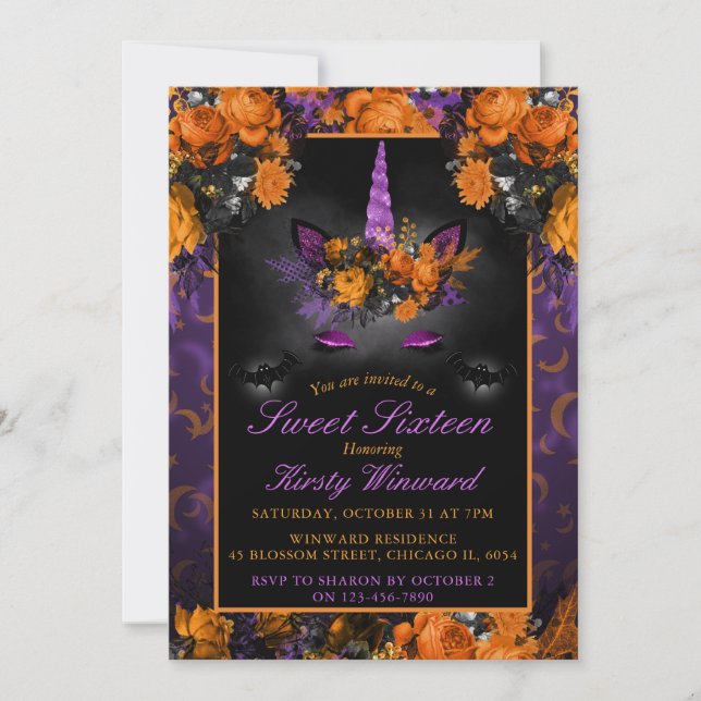 Invitation Elégante Fleurs d'Halloween Unicorn Sweet 16 (Devant)