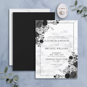Invitation Elégante Fleurs noires Aquarelle Marbre Mariage
